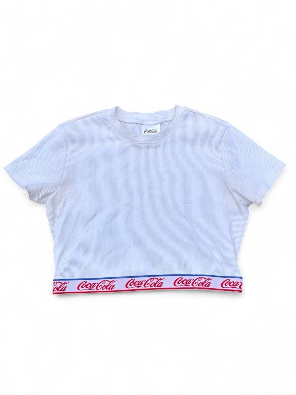 Coca Cola White Ribbed Crop Tee with Red Logo Band